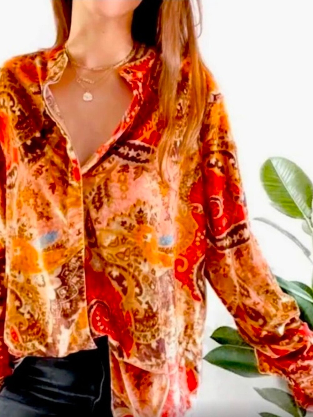 Soft Surroundings Bronze Montaigne Floral Paisley Velvet Button Down Medium
